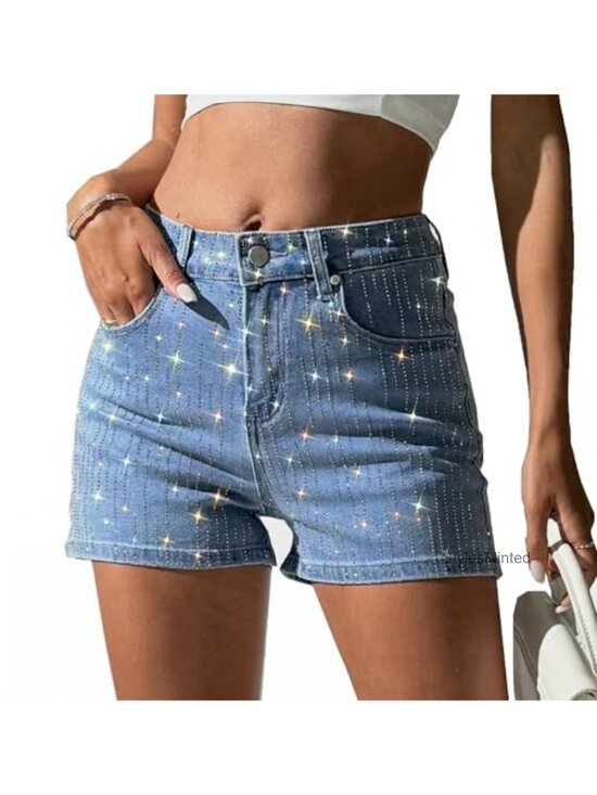 Pants - Rhinestone Jean Shorts High Waisted Denim Shorts Sparkle Sequin Glitter Party